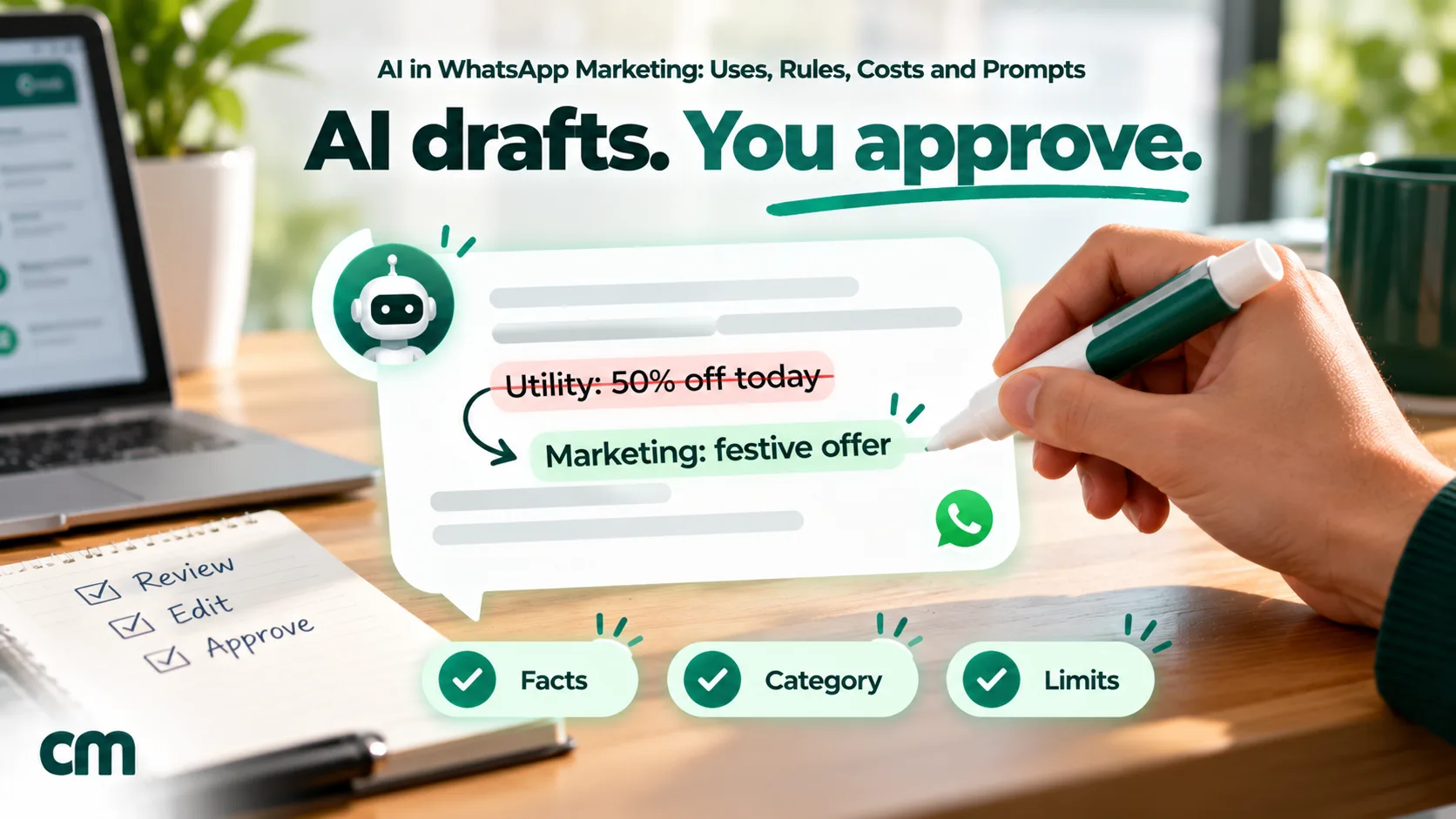 An editor's pen marking up an AI-drafted WhatsApp campaign message, with checks for facts, category and limits before approval