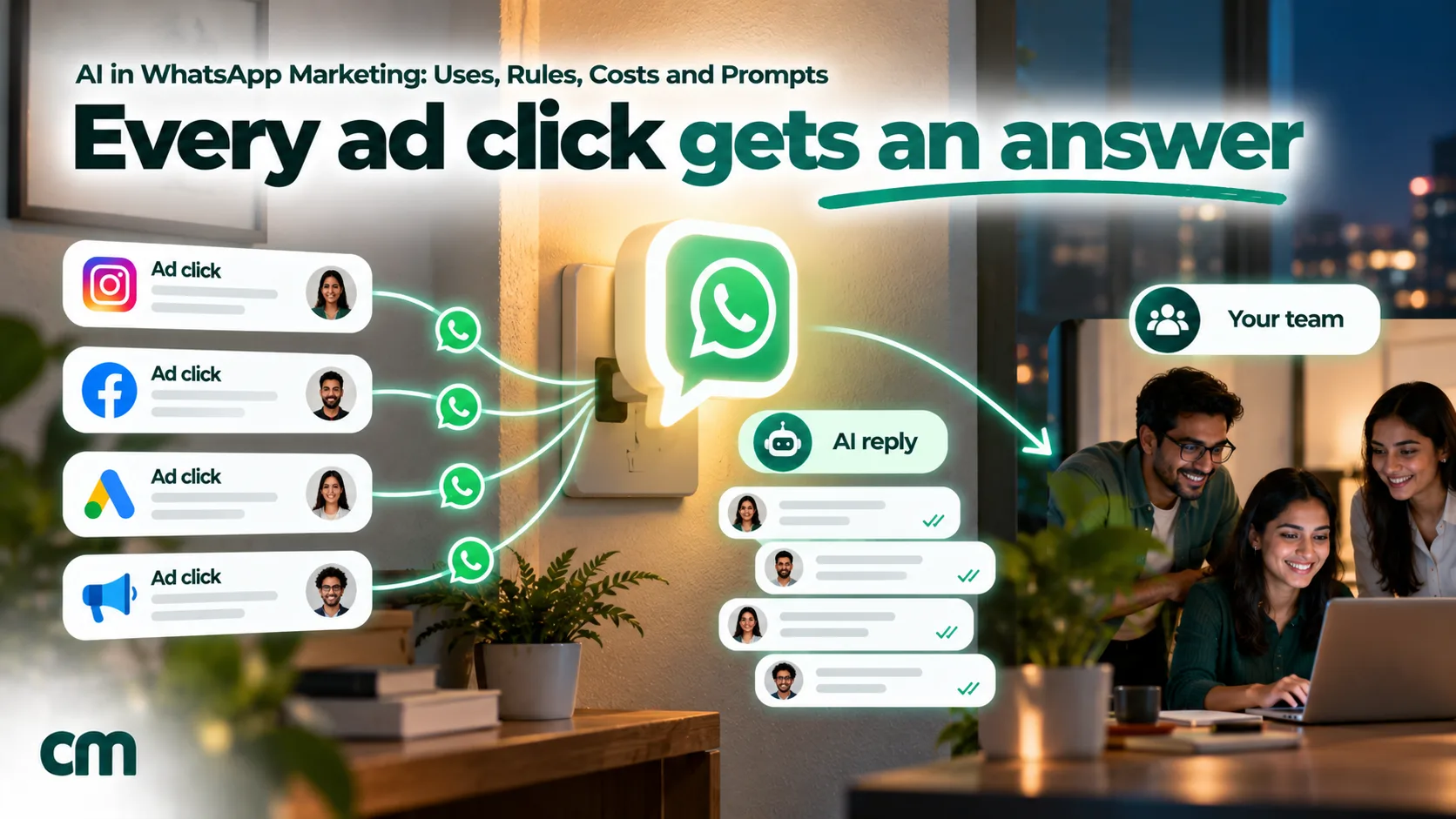 A queue of customers arriving from an ad, each greeted at once by an AI reply, with a handover arrow to a human sales team for ready buyers
