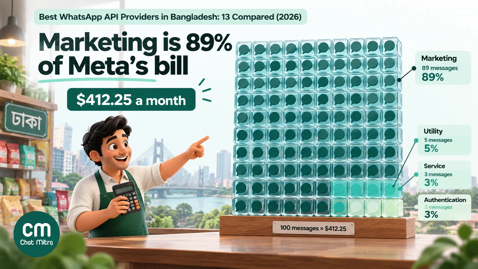Grid of 100 squares showing that marketing messages make up about 89% of a sample Dhaka store's $412.25 monthly Meta charges, with utility, service and authentication messages as a few lighter squares