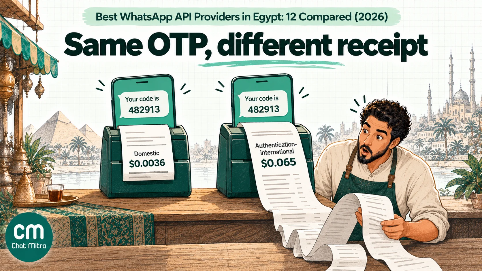 Two identical WhatsApp one-time-password messages to Egypt: one at the domestic rate of $0.0036, the other at the authentication-international rate of $0.065, about 18 times higher