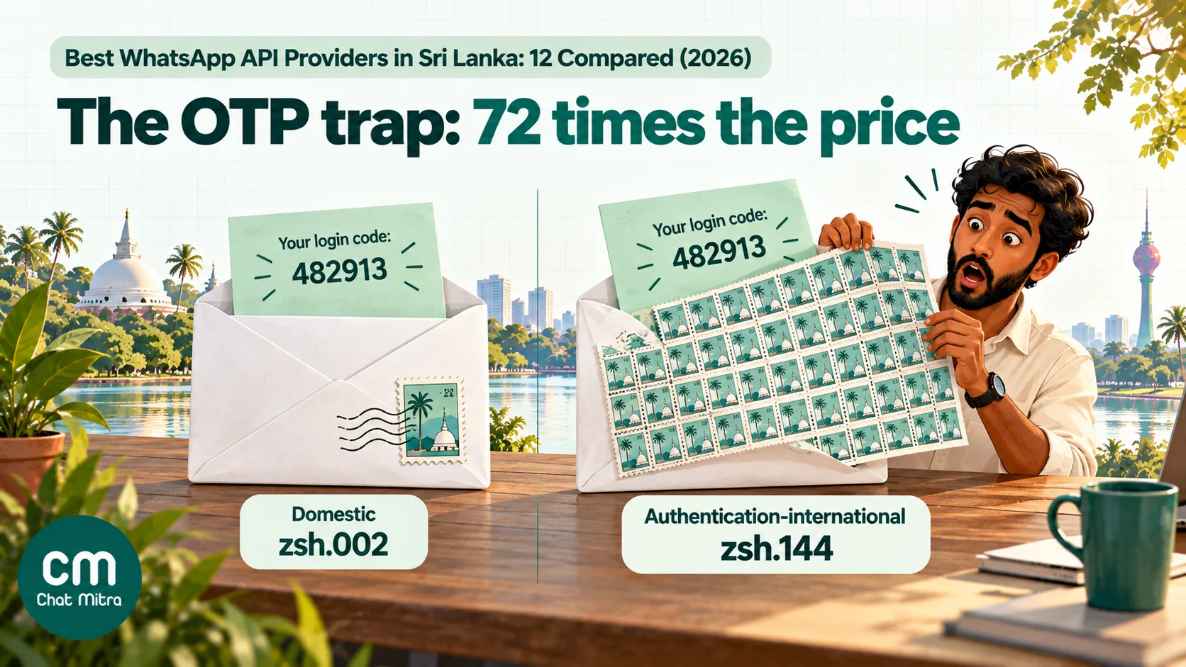 Two identical WhatsApp one-time-password messages: one billed at Sri Lanka's domestic rate of $0.002, the other at the authentication-international rate of $0.144, 72 times higher