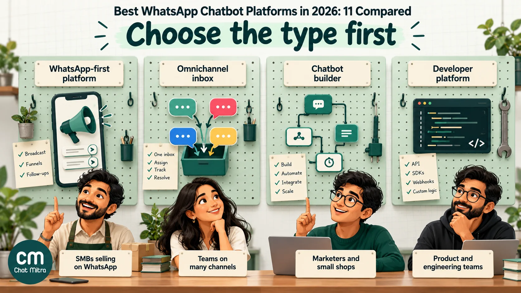 Four types of WhatsApp chatbot platform shown as four columns: WhatsApp-first platforms, omnichannel inboxes, chatbot builders that connect to WhatsApp, and developer platforms, each with its typical buyer