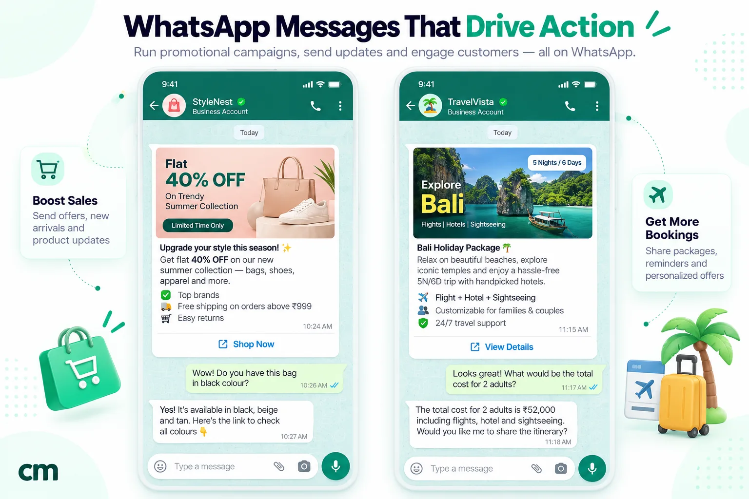 Two WhatsApp chats: a fashion store's 40% off offer and a travel agency's Bali package, each sent with a button, followed by a customer's question and the business's free-form reply