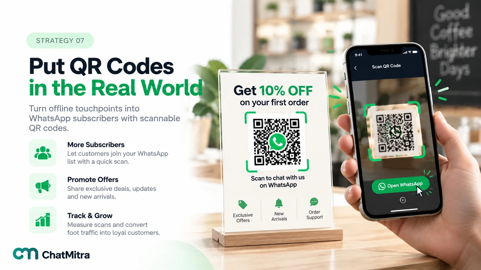 A countertop sign offering 10% off a first order with a WhatsApp QR code and the line Scan to chat with us on WhatsApp, and a hand scanning it with a phone that shows an Open WhatsApp button