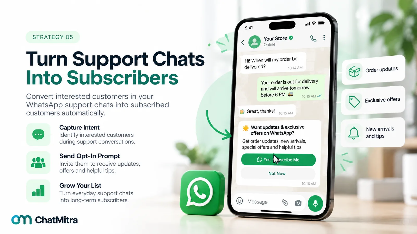 A WhatsApp support chat where a customer asks when an order will arrive, the store replies, and after the customer says thanks the store asks whether they want updates and offers on WhatsApp with Yes Subscribe Me and Not Now buttons