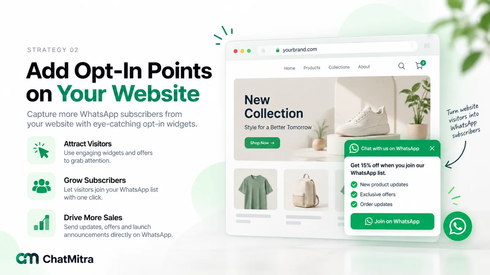 A shop website with a Chat with us on WhatsApp prompt offering 15% off for joining the WhatsApp list, listing new product updates, exclusive offers and order updates, and a Join on WhatsApp button