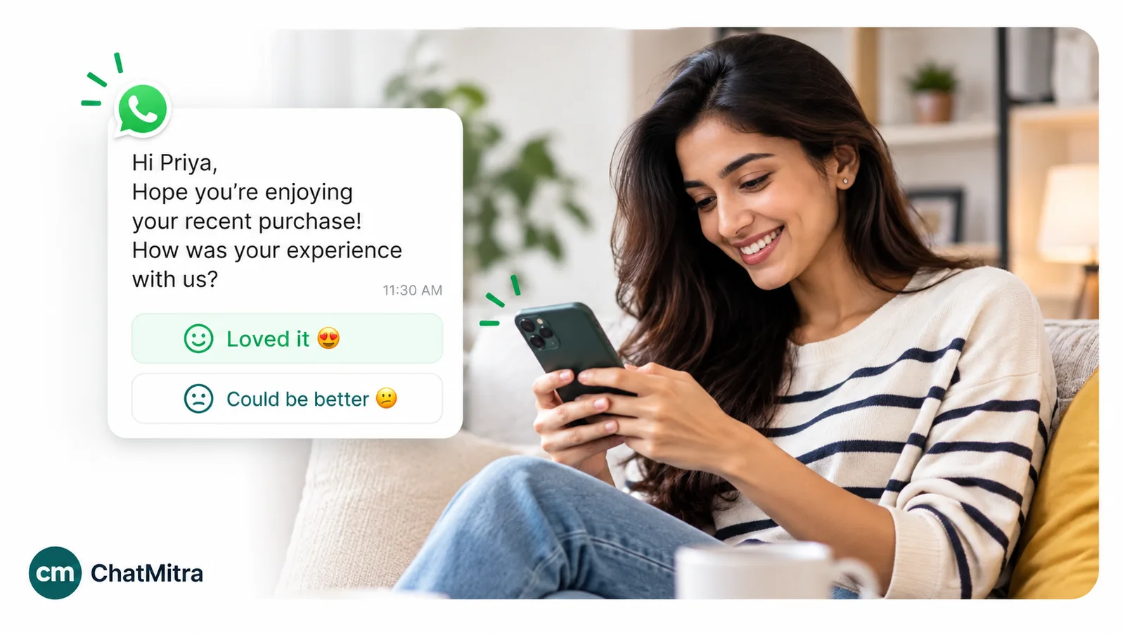 A WhatsApp message to Priya asking how she is enjoying her recent purchase, with two quick-reply buttons, Loved it and Could be better