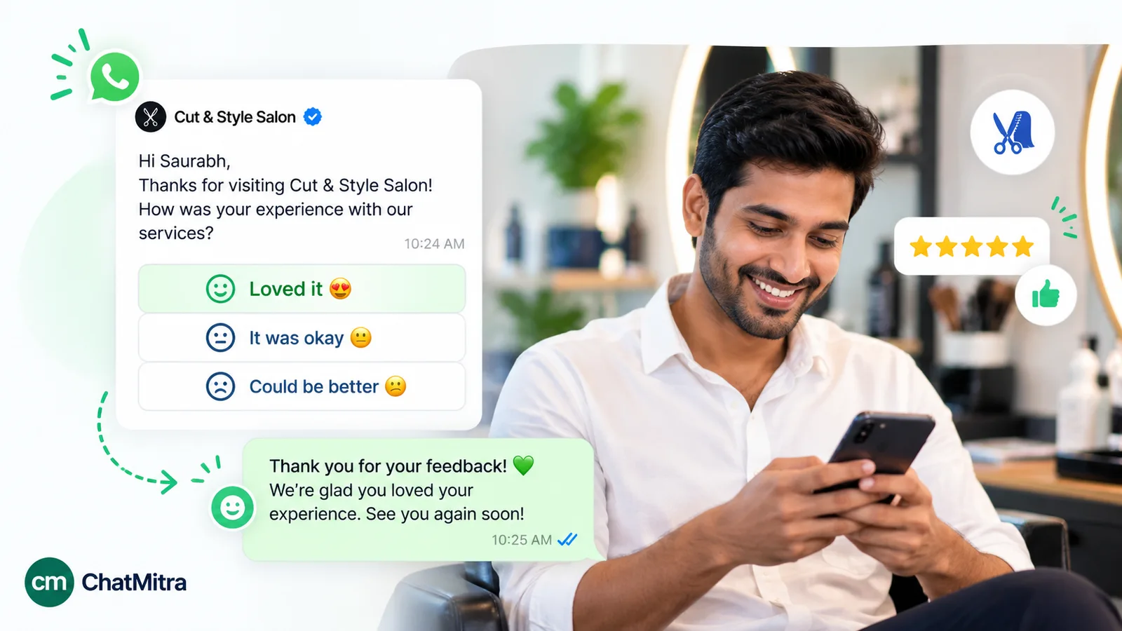 A salon WhatsApp message to Saurabh asking how his visit went, with three quick-reply buttons, Loved it, It was okay and Could be better, and a thank-you reply to his answer