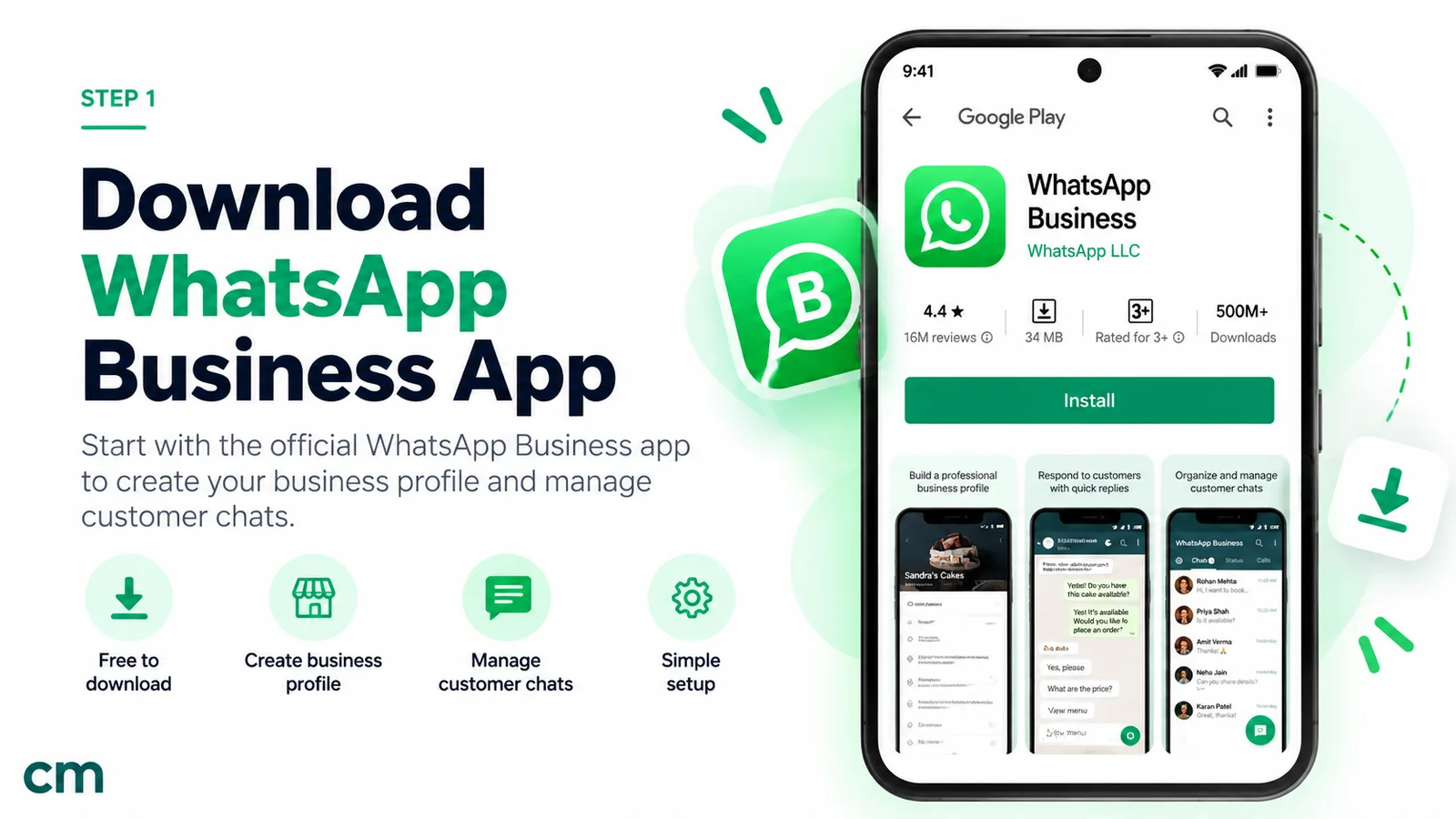 The WhatsApp Business app by WhatsApp LLC on the Google Play Store, with an Install button and screenshots of a business profile, quick replies and customer chats
