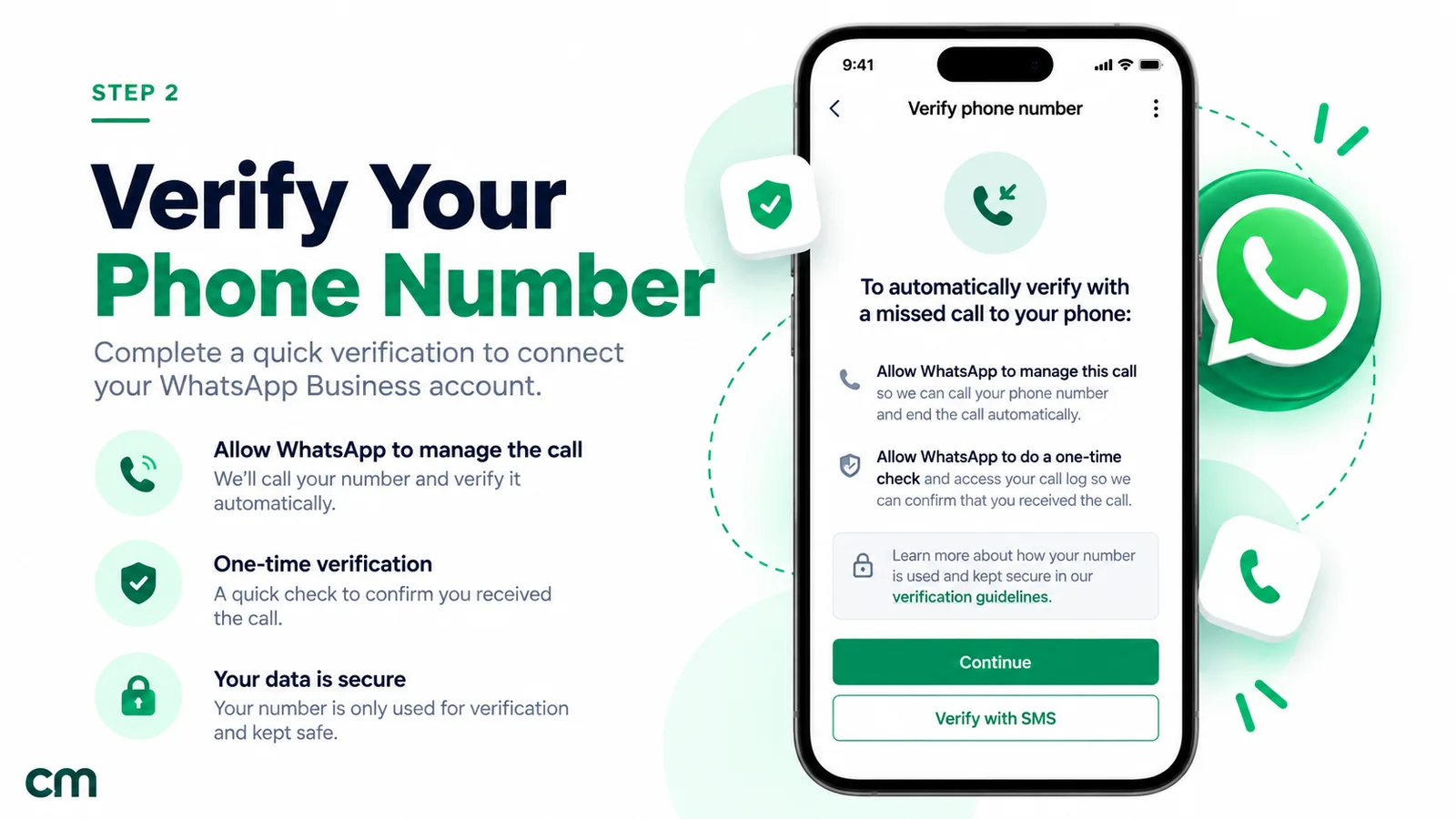 WhatsApp Business verification screen offering to verify the number automatically with a missed call, with Continue and Verify with SMS buttons