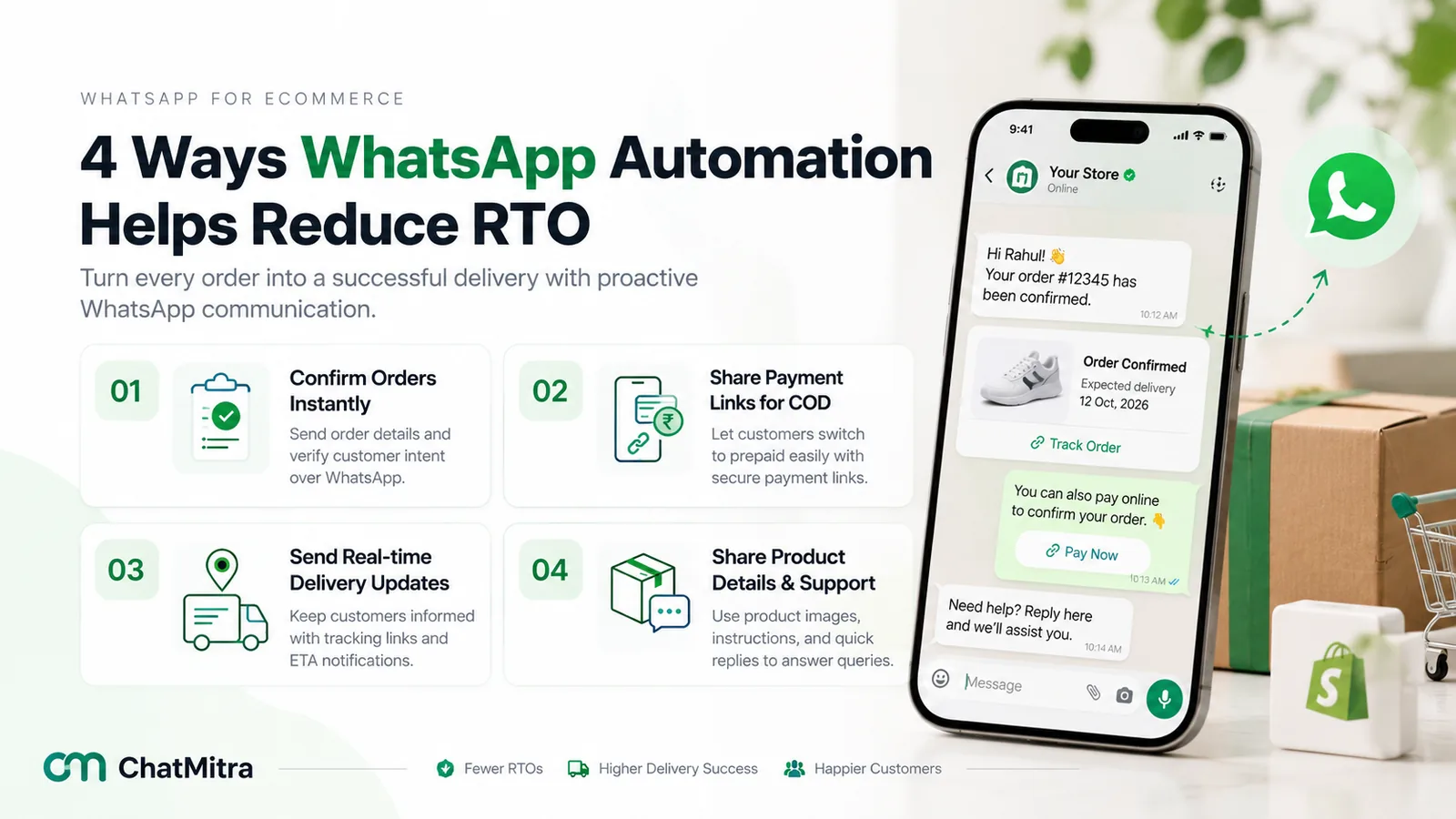 Infographic titled 4 Ways WhatsApp Automation Helps Reduce RTO: confirm orders instantly, share payment links for COD, send real-time delivery updates, and share product details and support, beside a phone showing an order confirmation with a Track Order button and a Pay Now message