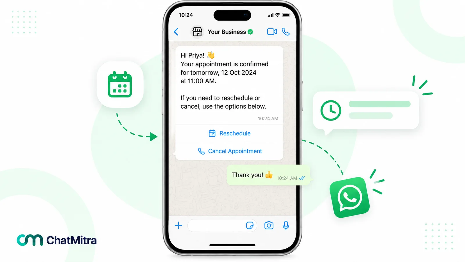 WhatsApp appointment message confirming a booking for the next day at 11:00 AM, with Reschedule and Cancel Appointment buttons and the customer replying Thank you