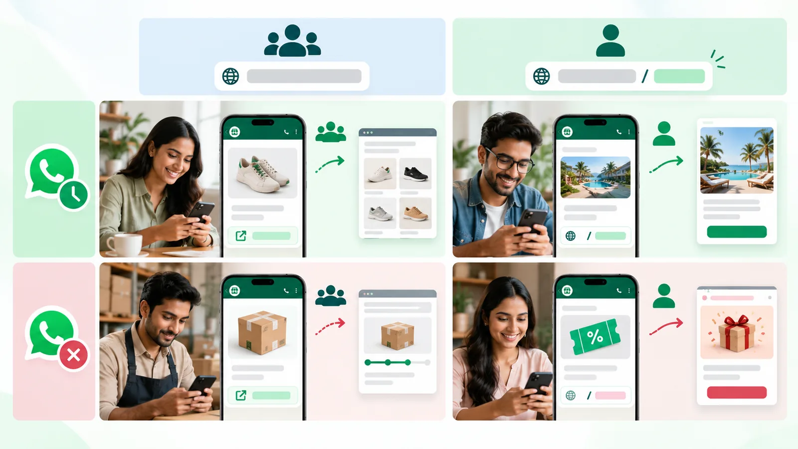 Two-by-two grid for choosing a WhatsApp link method. Columns: the same link for everyone, or a personal link per customer. Rows: the 24-hour window open (green), or closed (red). Each cell pairs a customer on their phone with the page the link opens: a product list, a booking offer, an order tracker and a discount offer