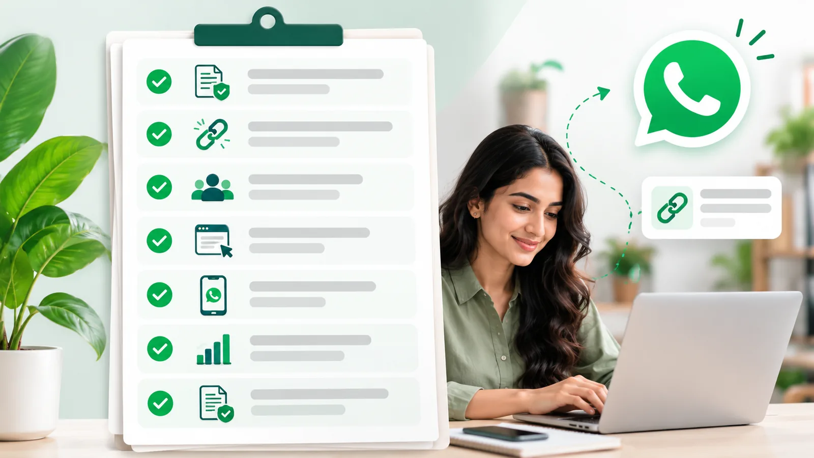 A woman working on a laptop beside a large seven-item checklist card, each item ticked, next to a WhatsApp logo and a link preview card, illustrating checks before sending links to customers