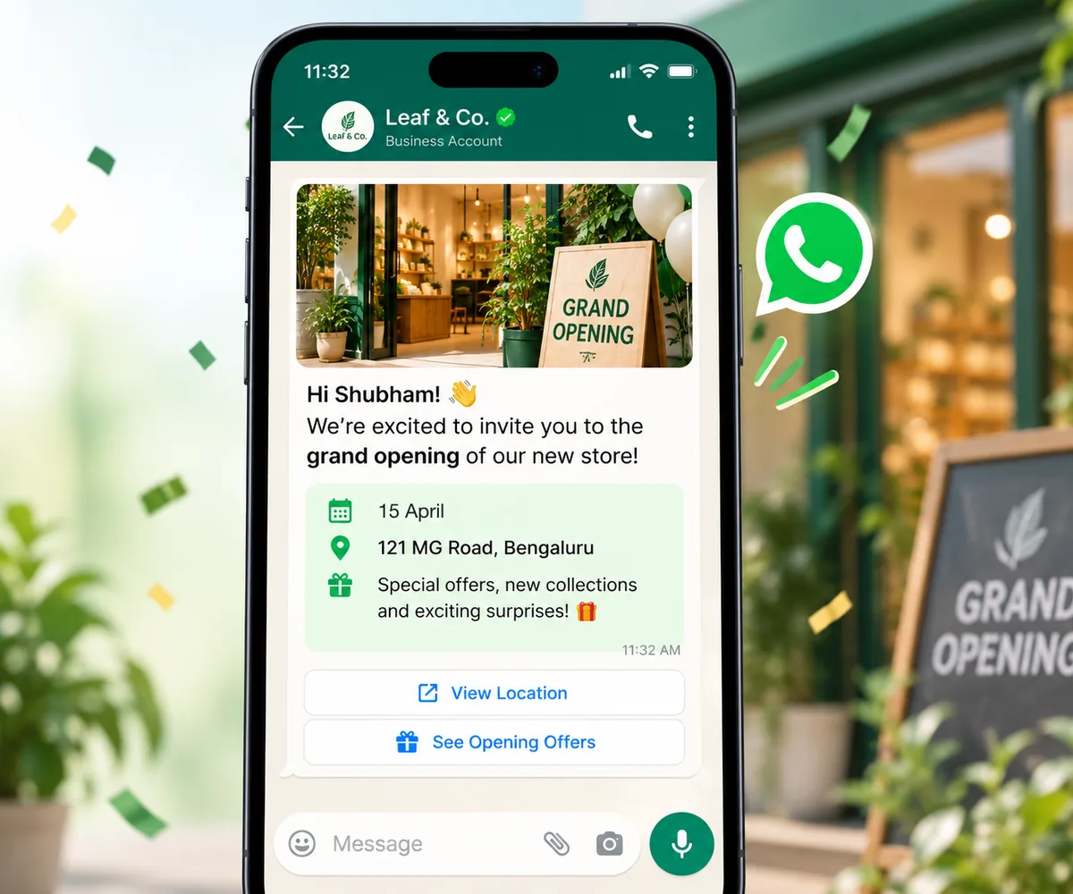A phone showing a shop opening invitation message with a photo of the new shop front, the opening date and address, and two buttons: View Location and See Opening Offers