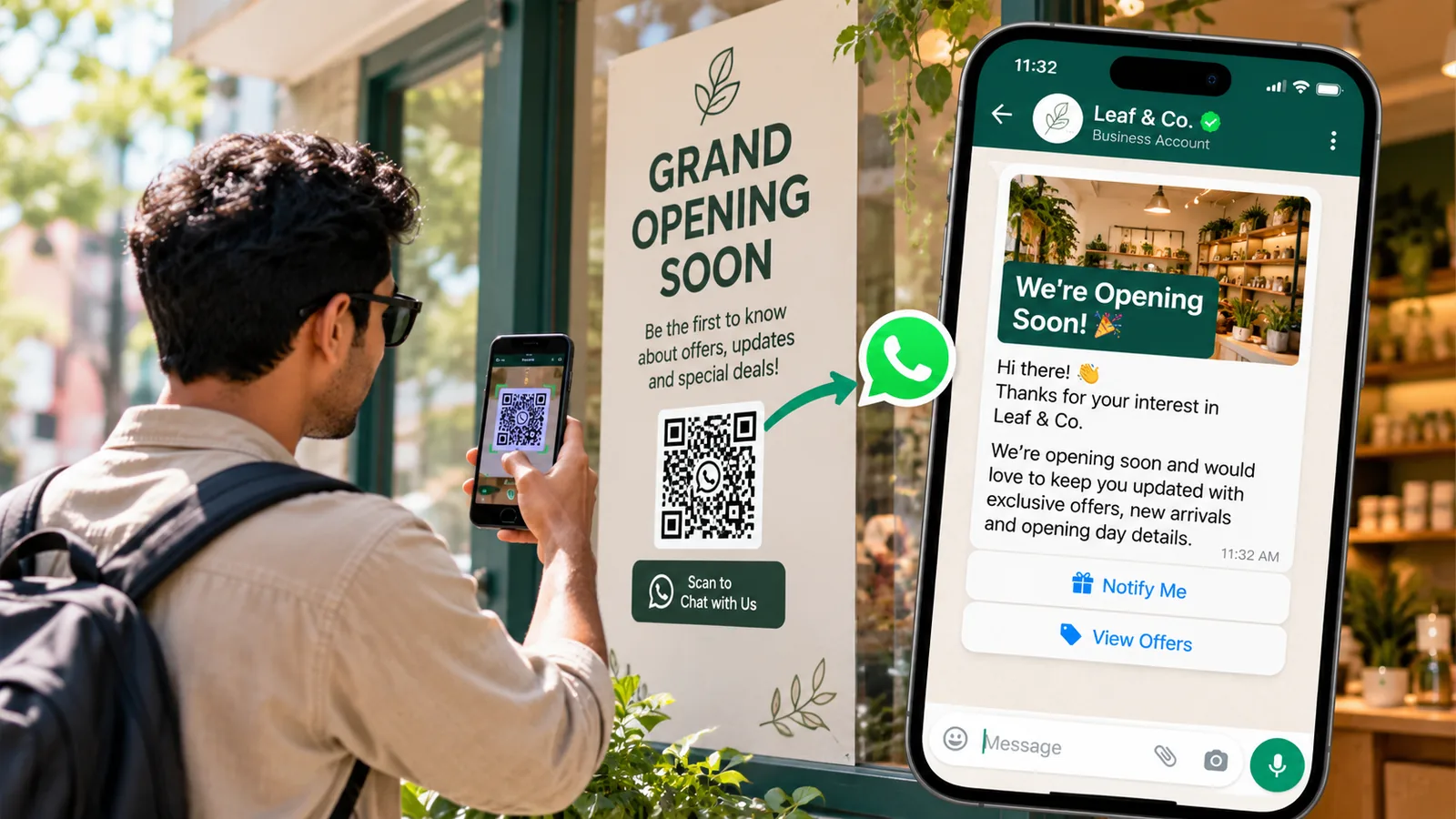 A man scans the QR code on a Grand Opening Soon poster in a shop window with his phone, which opens a WhatsApp chat where the shop replies that it is opening soon, with Notify Me and View Offers buttons