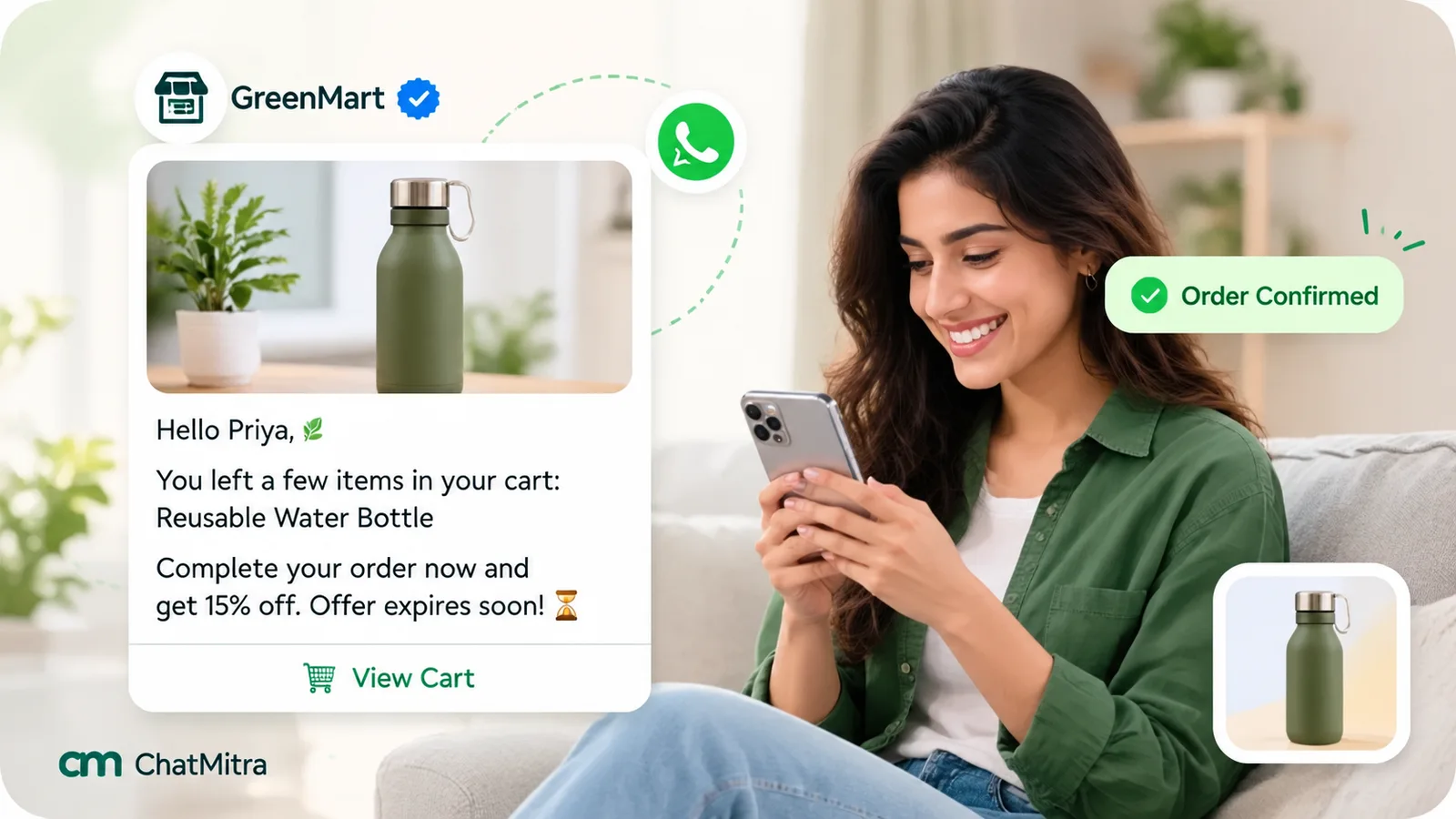 A WhatsApp cart reminder from GreenMart to Priya with a product image header, an opening line naming the reusable water bottle she left, a 15% off line that says the offer expires soon, and a View Cart button