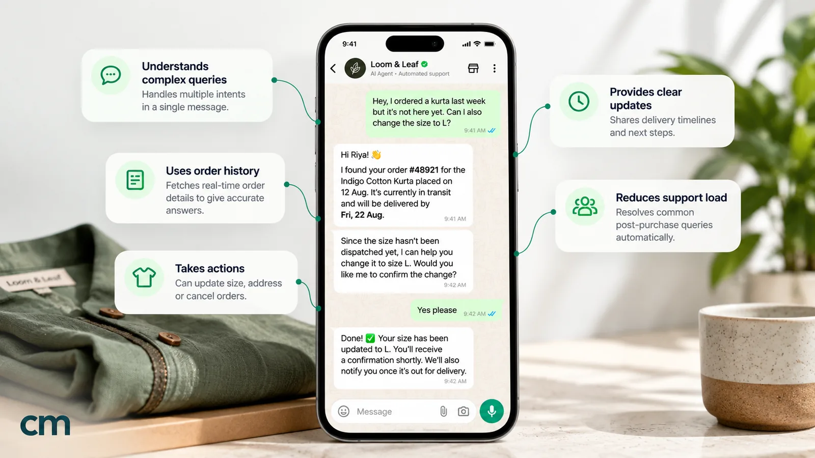A WhatsApp chat in which an AI agent finds a customer's kurta order, sees it has not been dispatched, offers to change the size to L, waits for the customer to say yes and then confirms the change, with callouts for understanding complex queries, using order history, taking actions, giving clear updates and reducing support load