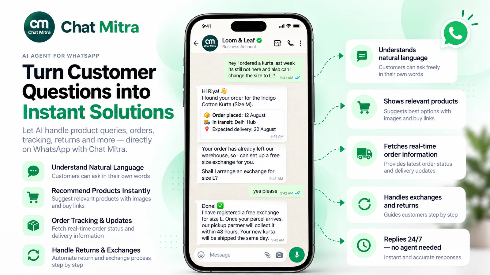 WhatsApp chat for a fictional clothing brand in which an AI agent finds a customer's order, shows its delivery status and arranges a size exchange, beside a list of what the agent can do
