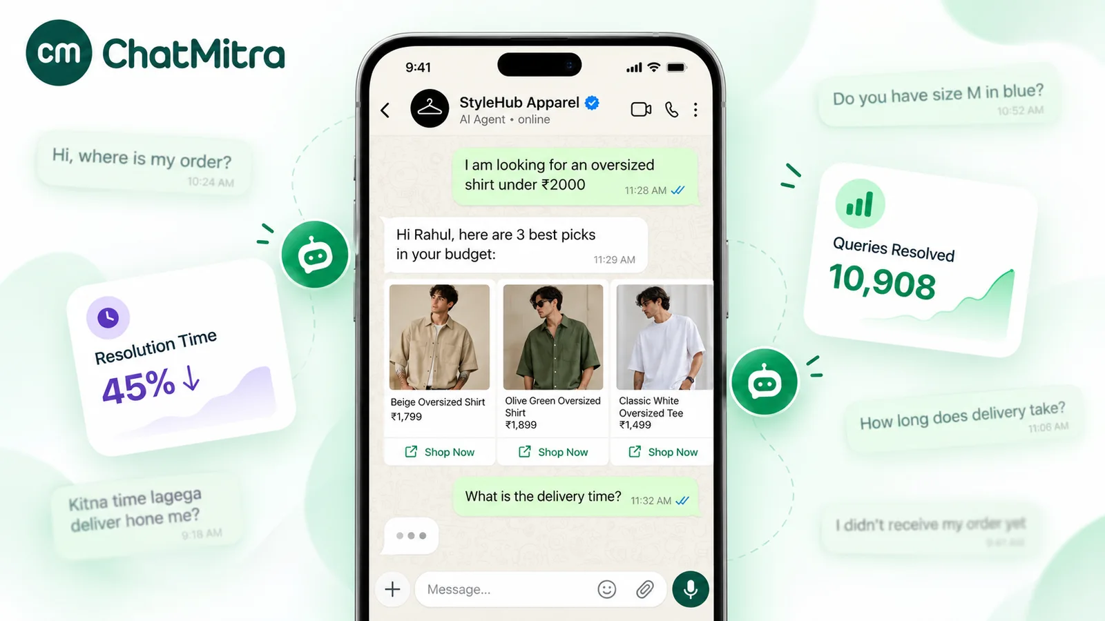 WhatsApp chat in which an AI agent for a fictional clothing store recommends three shirts under ₹2,000 with Shop Now buttons, surrounded by typical customer questions about orders, sizes and delivery