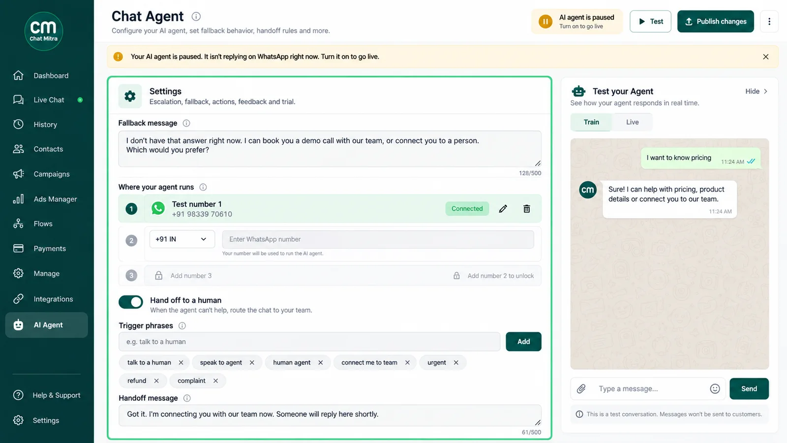 AI agent settings with a fallback message, the WhatsApp numbers the agent runs on, a hand-off-to-human toggle with trigger phrases, a handoff message and a test chat panel