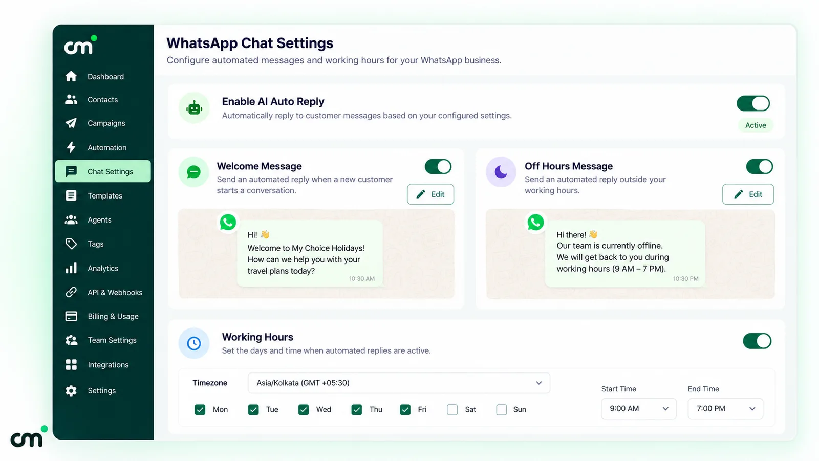 WhatsApp chat settings with an AI auto-reply switch, a welcome message for new customers, an off-hours message, and working hours set in the Asia/Kolkata timezone