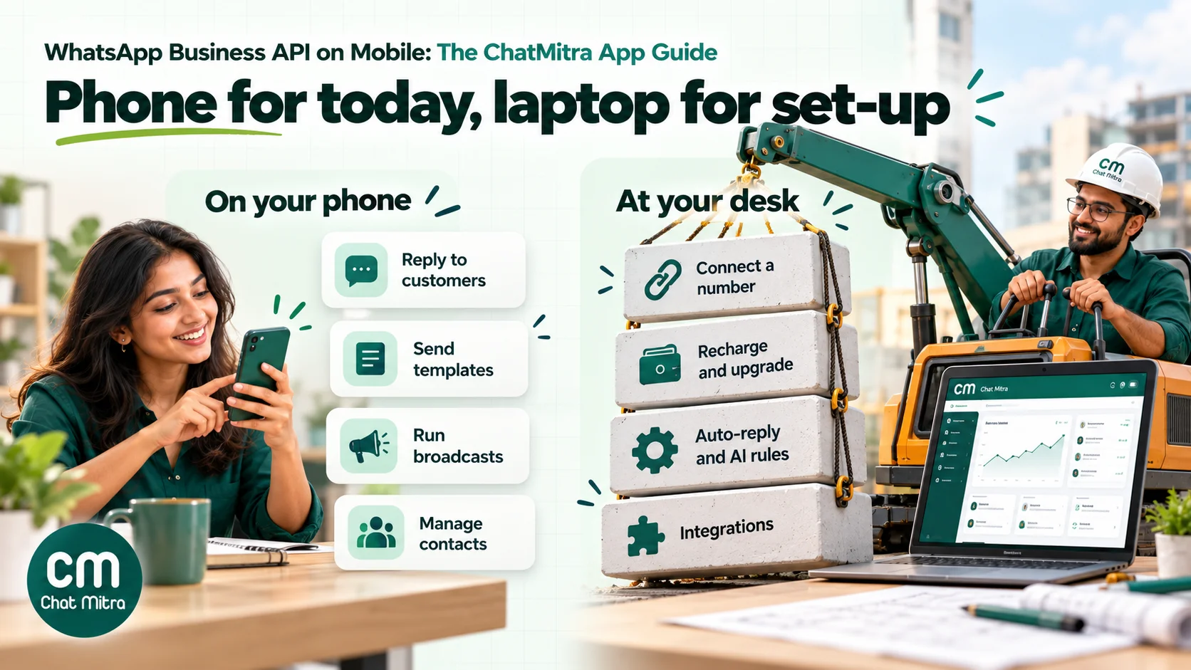 Split illustration: a phone handling replies, templates, broadcasts and contacts, and a laptop handling number connection, payments, automation rules and integrations for ChatMitra