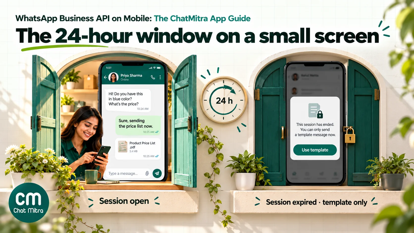 Two phone chats side by side: on the left an open 24-hour session where the agent types a free-form reply, on the right an expired session with the text box locked and a Use template button
