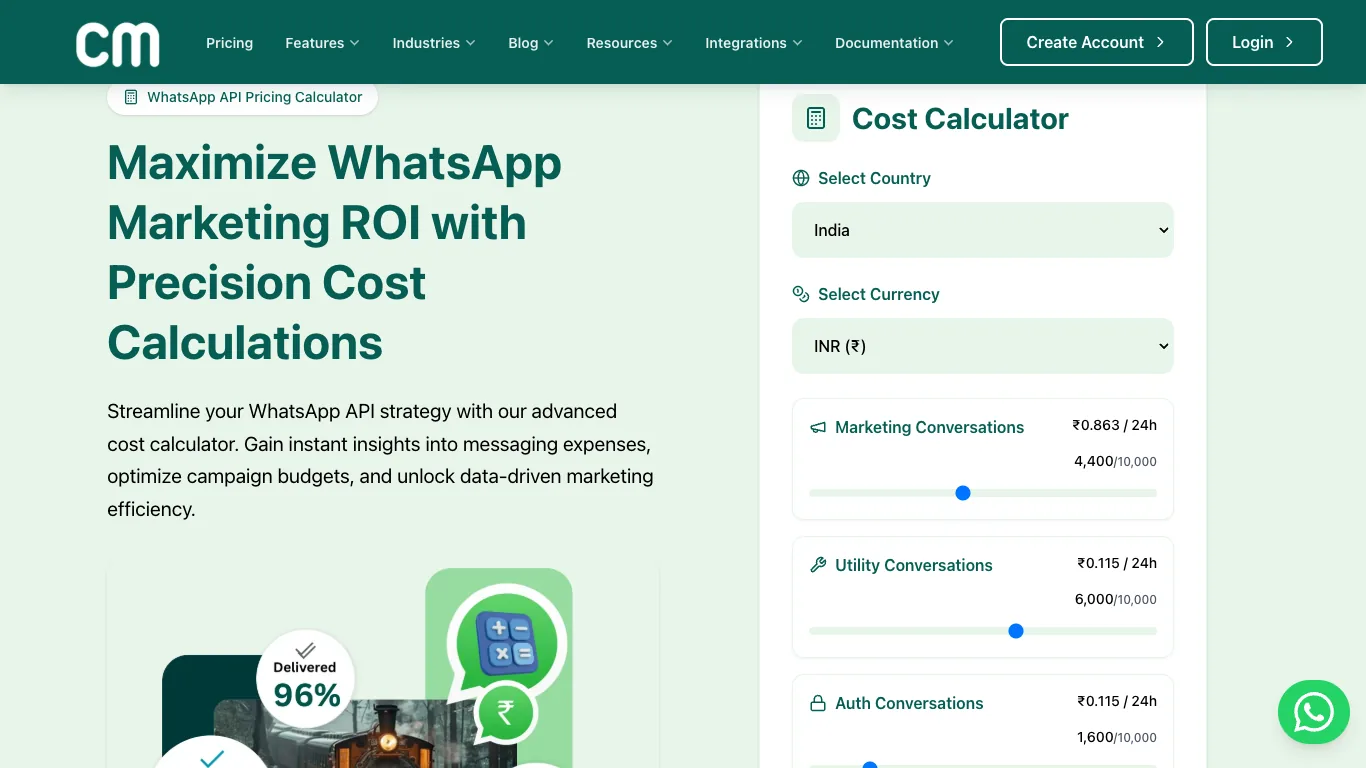 Screenshot of the ChatMitra WhatsApp Business API pricing calculator with India selected, showing per-message rates of ₹0.863 for marketing and ₹0.115 for utility and authentication