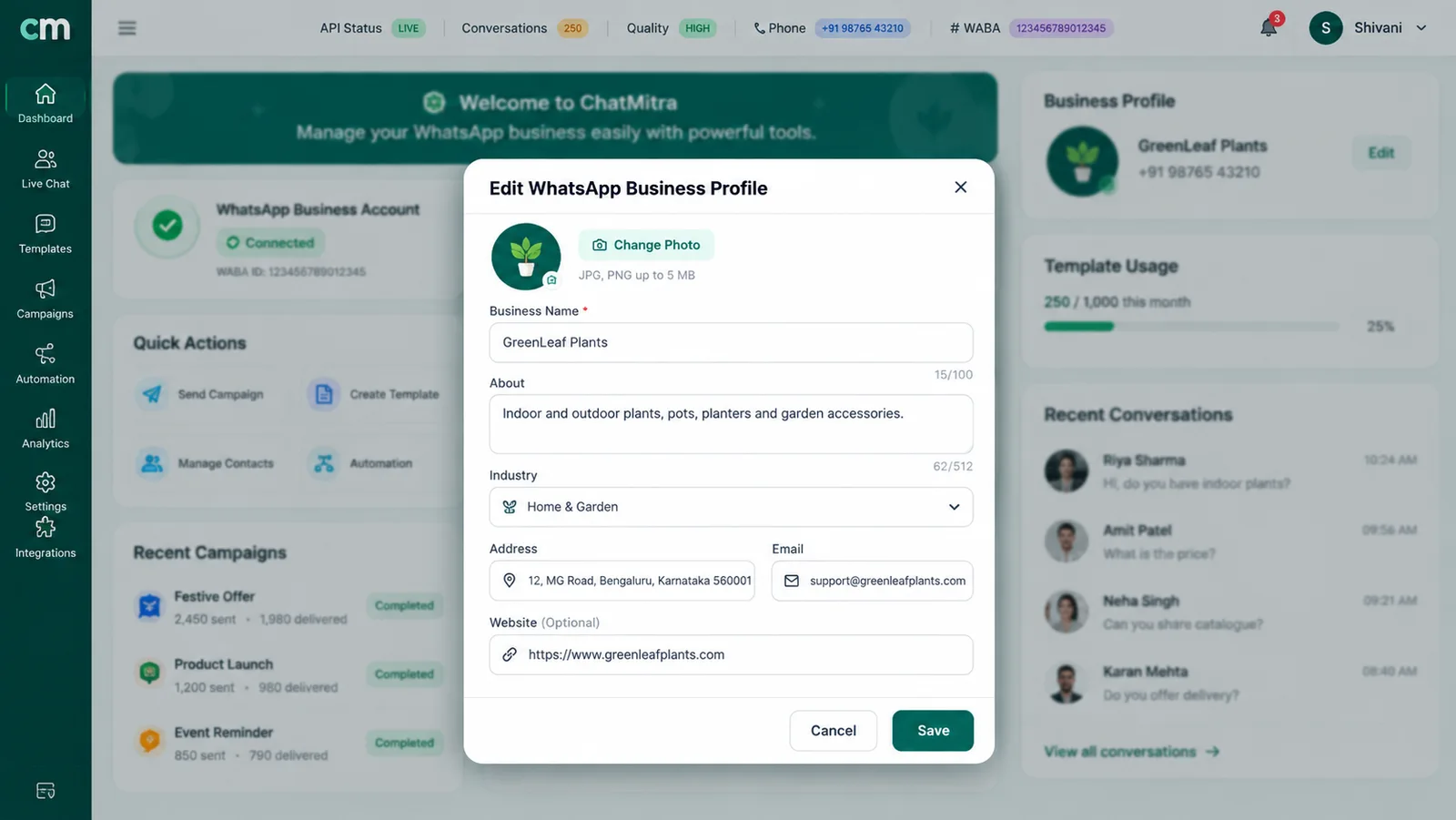 Edit WhatsApp Business Profile window in ChatMitra with fields for the profile photo, about text, industry, address, email and website