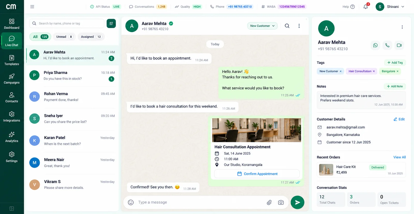ChatMitra shared inbox with a chat list, a customer booking conversation, and a contact panel with tags, a note and customer details