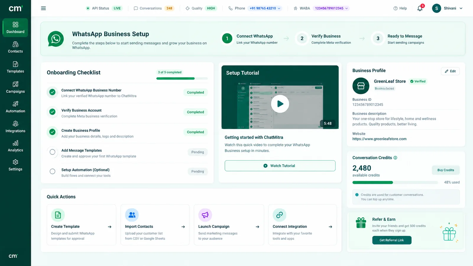 WhatsApp Business Platform setup in ChatMitra: connect the WhatsApp number, verify the business, then start messaging, with an onboarding checklist, a setup tutorial and the business profile