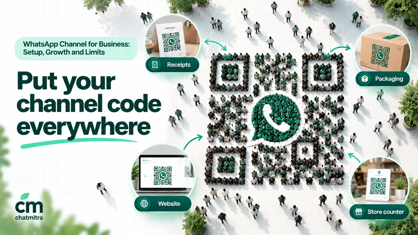 Seen from above, a crowd of small people in green and teal arranged into a large scannable QR code shape on a light background, with labels Receipts, Packaging, Website and Store counter
