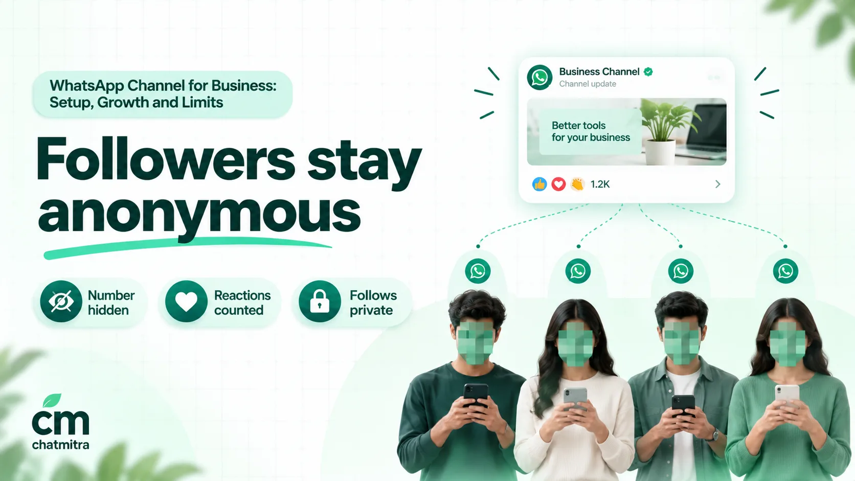 Several followers holding phones with their faces rendered as soft green pixel blocks, receiving the same channel update, with the labels Number hidden, Reactions counted and Follows private
