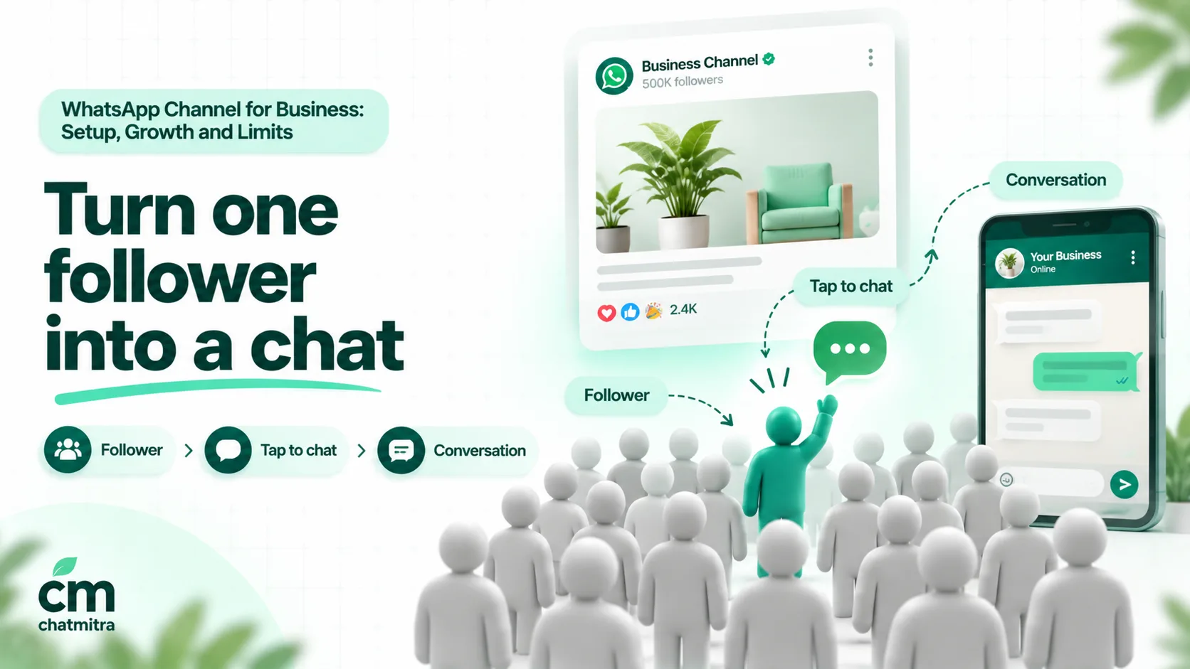 A crowd of identical pale grey figures facing a channel post, with one figure in teal stepping forward and raising a hand that turns into a chat bubble, with labels Follower, Tap to chat and Conversation
