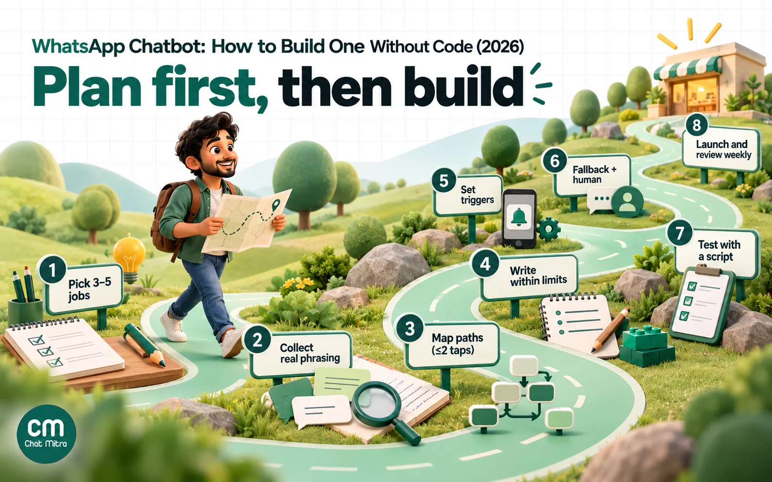 Eight-step roadmap for building a WhatsApp chatbot without code: pick jobs, collect real phrasing, map paths in two taps, write within limits, set triggers, add fallback and human handover, test, then launch and improve