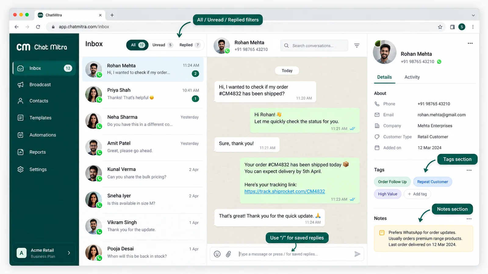ChatMitra shared WhatsApp inbox showing the chat list with unread and replied filters, an open conversation, and the contact panel with customer tags and an internal note