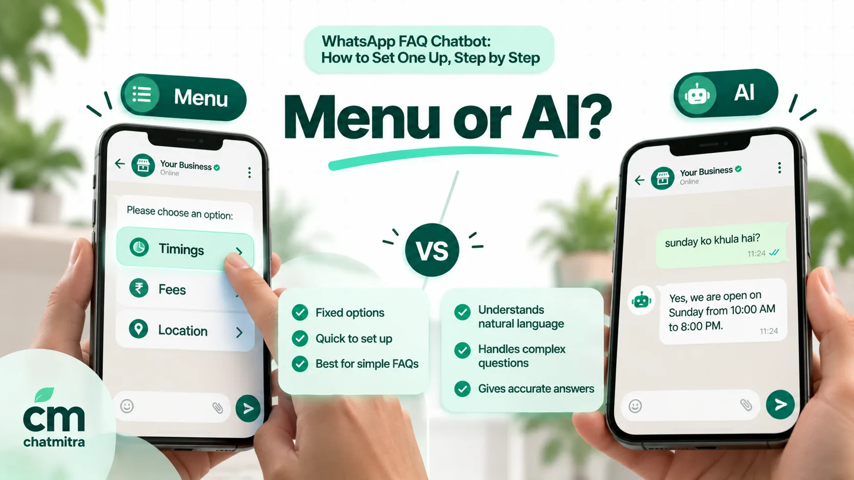 Split image: on the left a lift-style panel of labelled buttons, Timings, Fees and Location, with a finger pressing one; on the right an open speech bubble holding a freely typed question, labelled Menu and AI