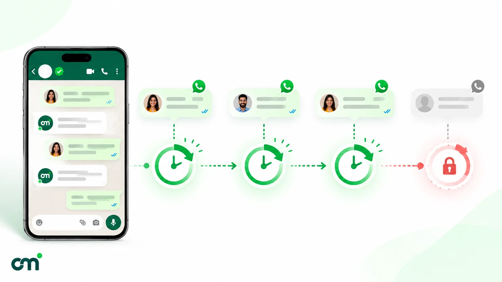 Illustration of the WhatsApp 24-hour customer service window: each new customer message restarts the clock, and once a full window passes with no customer message, the chat locks to free-form replies