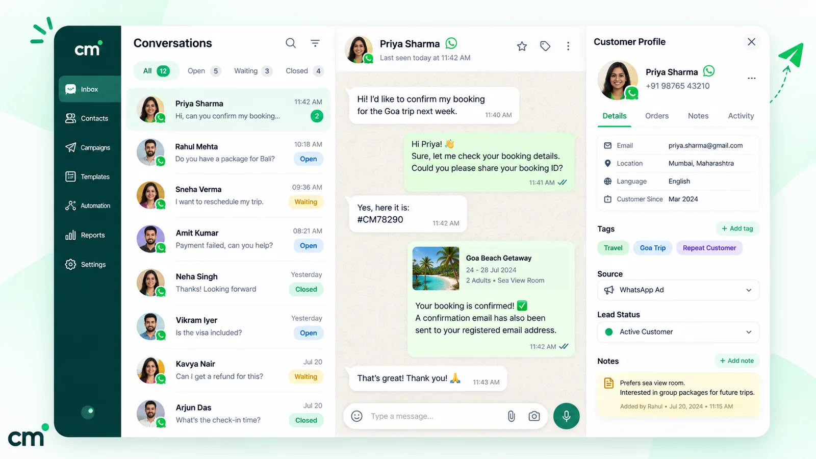 WhatsApp support inbox with a conversation list, an open chat confirming a customer's booking, and a customer profile with contact details, tags, source and an internal note