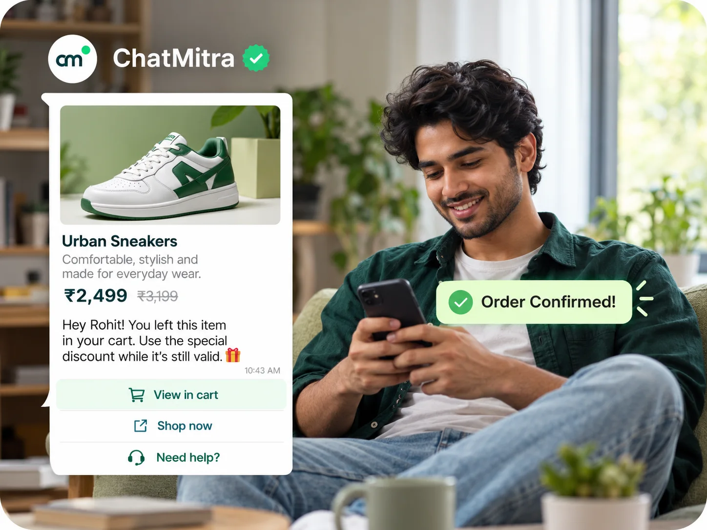 WhatsApp cart reminder showing the product, a discounted price and buttons to view the cart, shop now or get help, next to a shopper whose order is then confirmed
