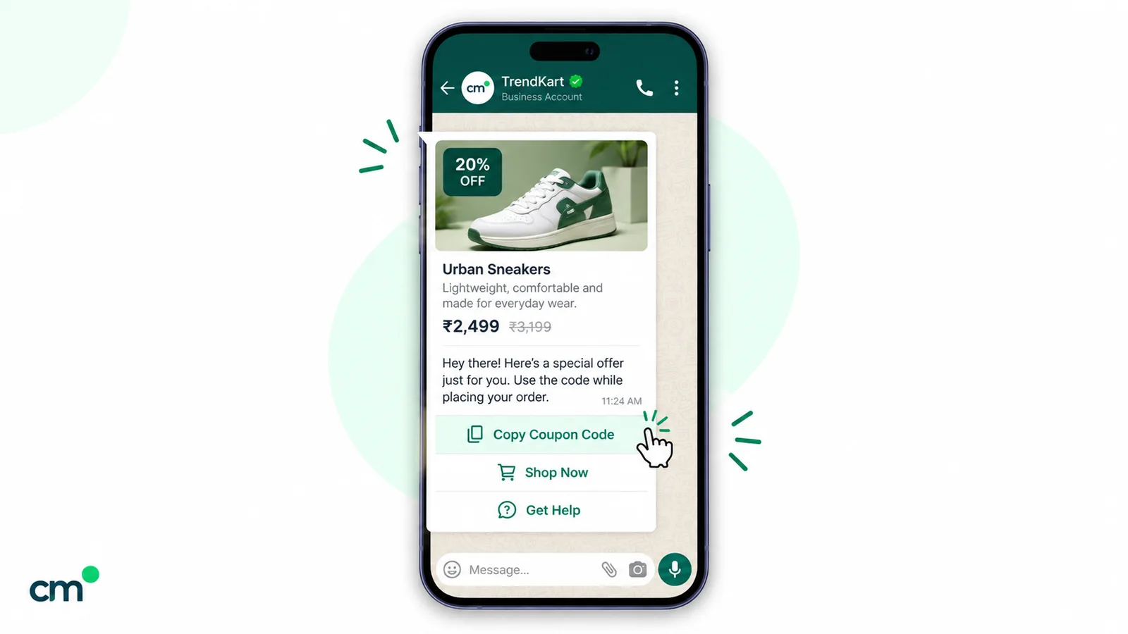 WhatsApp offer message for sneakers with a 20% discount, the sale price and buttons to copy a coupon code, shop now or get help