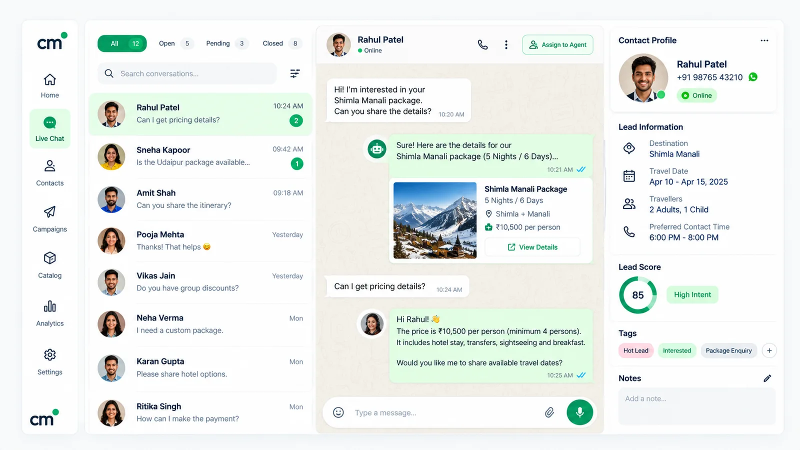 WhatsApp sales inbox with a travel enquiry chat, the package details, a contact profile with lead information, tags such as Hot Lead and Package Enquiry, and a notes panel