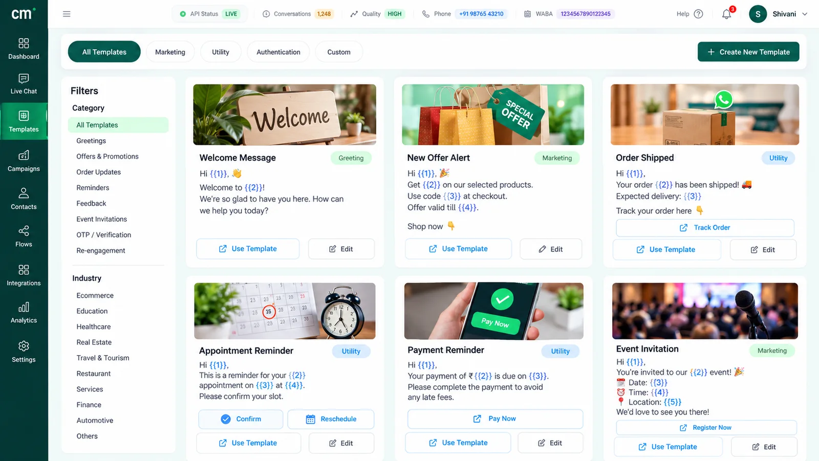 WhatsApp message template library with ready-made templates for a welcome message, a new offer alert, order shipped, an appointment reminder, a payment reminder and an event invitation, filterable by category and industry