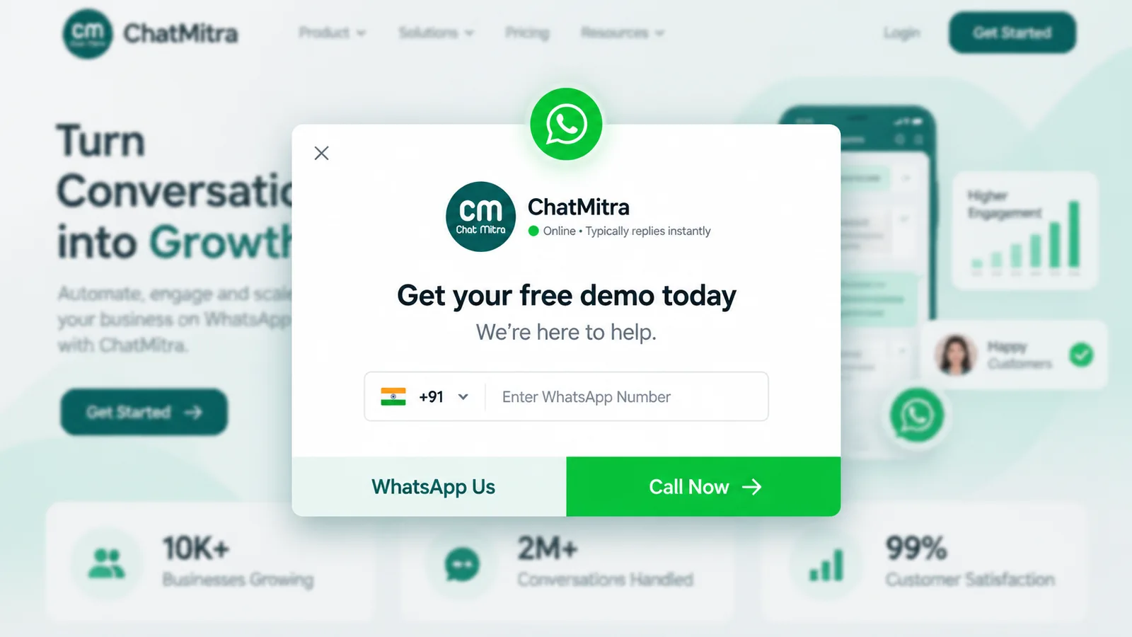Website pop-up form asking for a WhatsApp number, with WhatsApp Us and Call Now buttons, over a business landing page