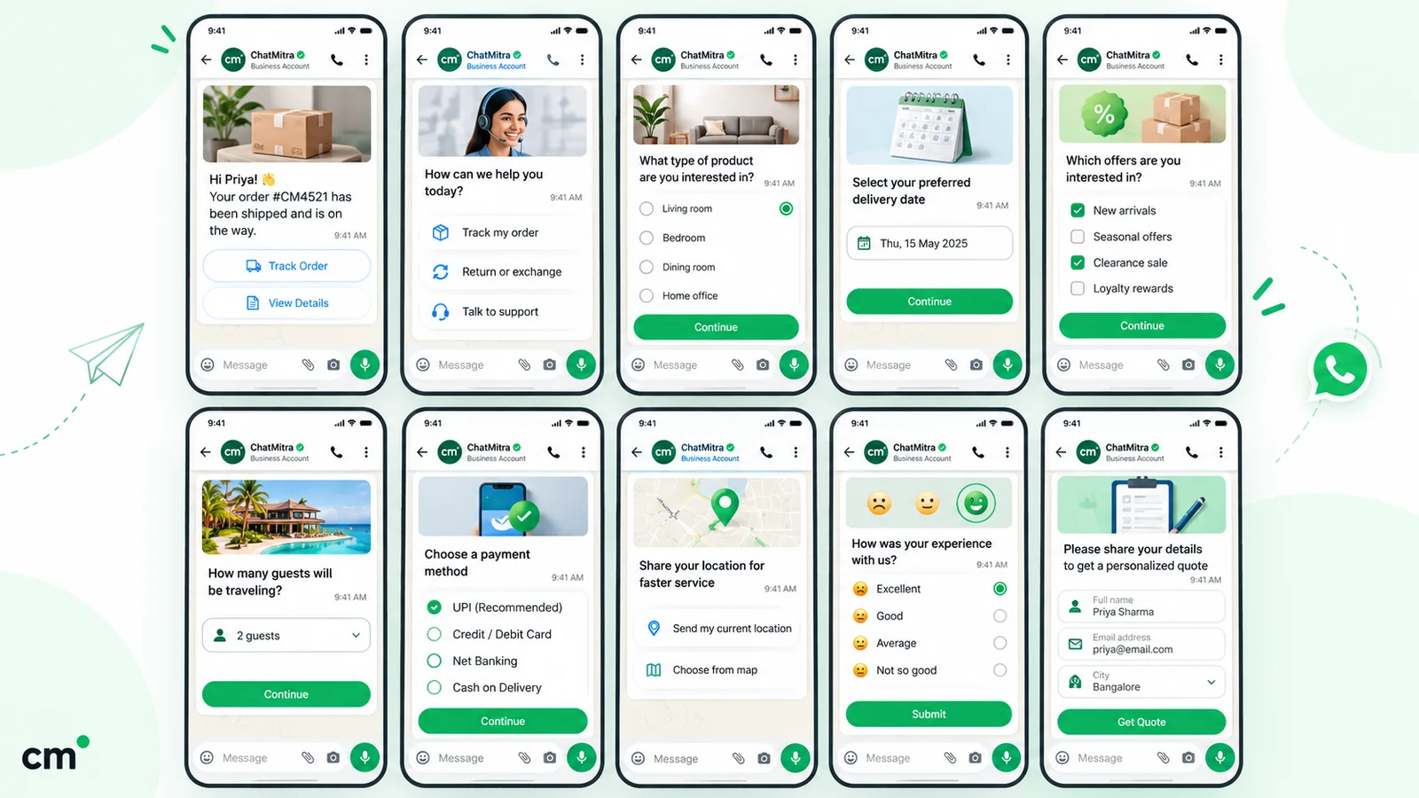 Ten WhatsApp interactive messages on phones: order tracking and view details buttons, a support menu, single-choice and multi-choice options, a delivery date picker, a guest count, a payment method choice, a location request, a feedback rating and a quote form