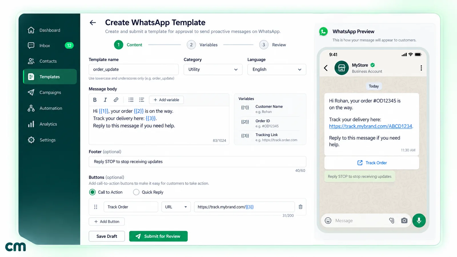 Create WhatsApp Template form with a utility template named order_update, a body with three variables for name, order ID and tracking link, a footer, a Track Order URL button and a live WhatsApp preview
