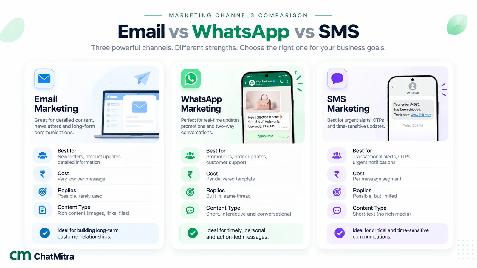 Three cards comparing email, WhatsApp and SMS marketing on what each is best for, cost, replies and content type: email is very low cost per message, WhatsApp is billed per delivered template and has built-in two-way replies, and SMS is billed per message segment and is best for urgent alerts and OTPs