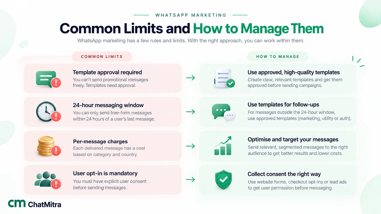 Two columns pairing four WhatsApp marketing limits with how to manage them: template approval with approved high-quality templates, the 24-hour messaging window with templates for follow-ups, per-message charges with targeted segmented messages, and mandatory opt-in with consent collected through forms, checkout opt-ins or lead ads