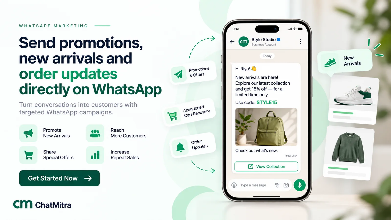 A WhatsApp promotion from Style Studio to Priya about new arrivals with 15% off and the code STYLE15, a product image of a backpack and a View Collection button